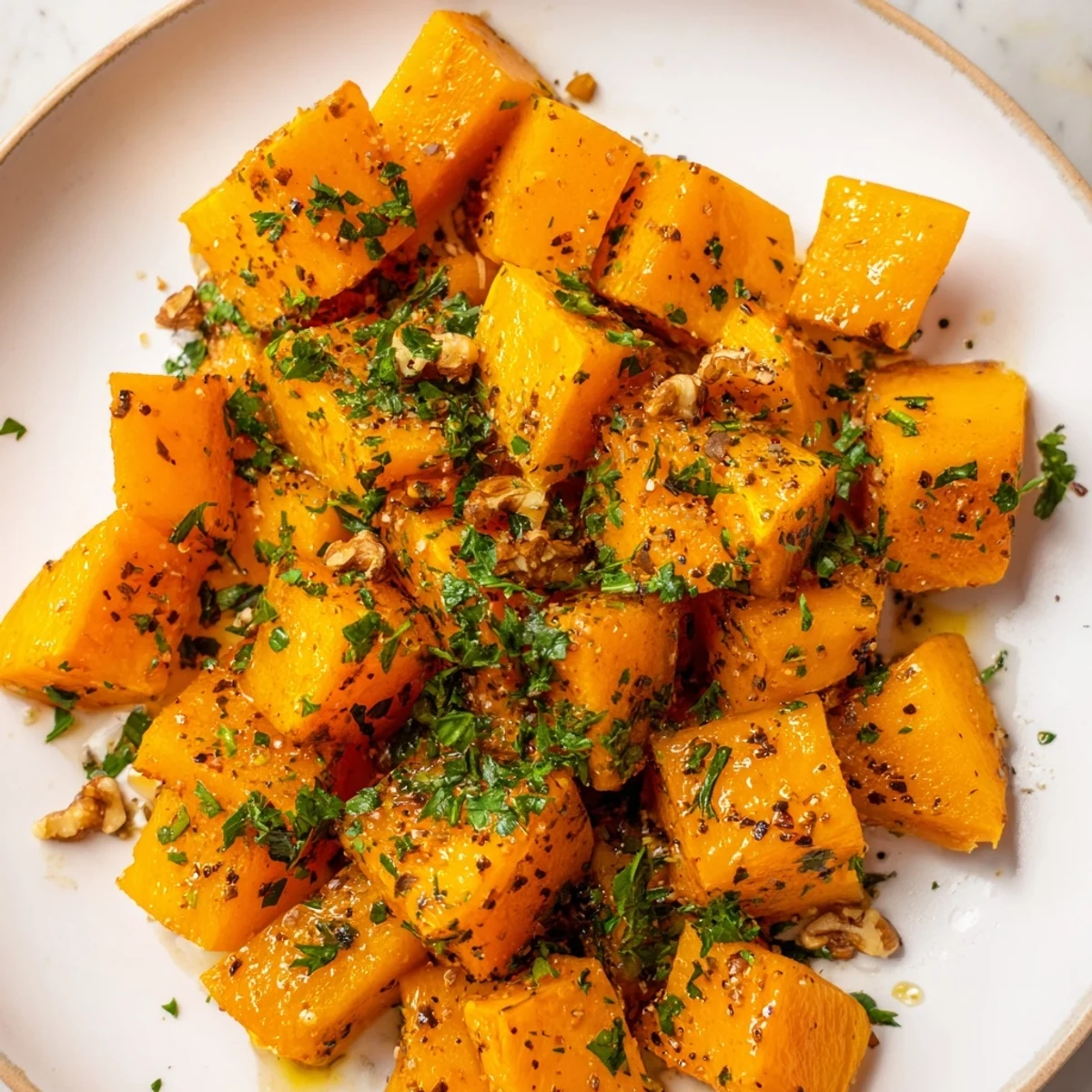Golden, caramelized roasted butternut squash with maple syrup, herbs, and spices, ready to serve.