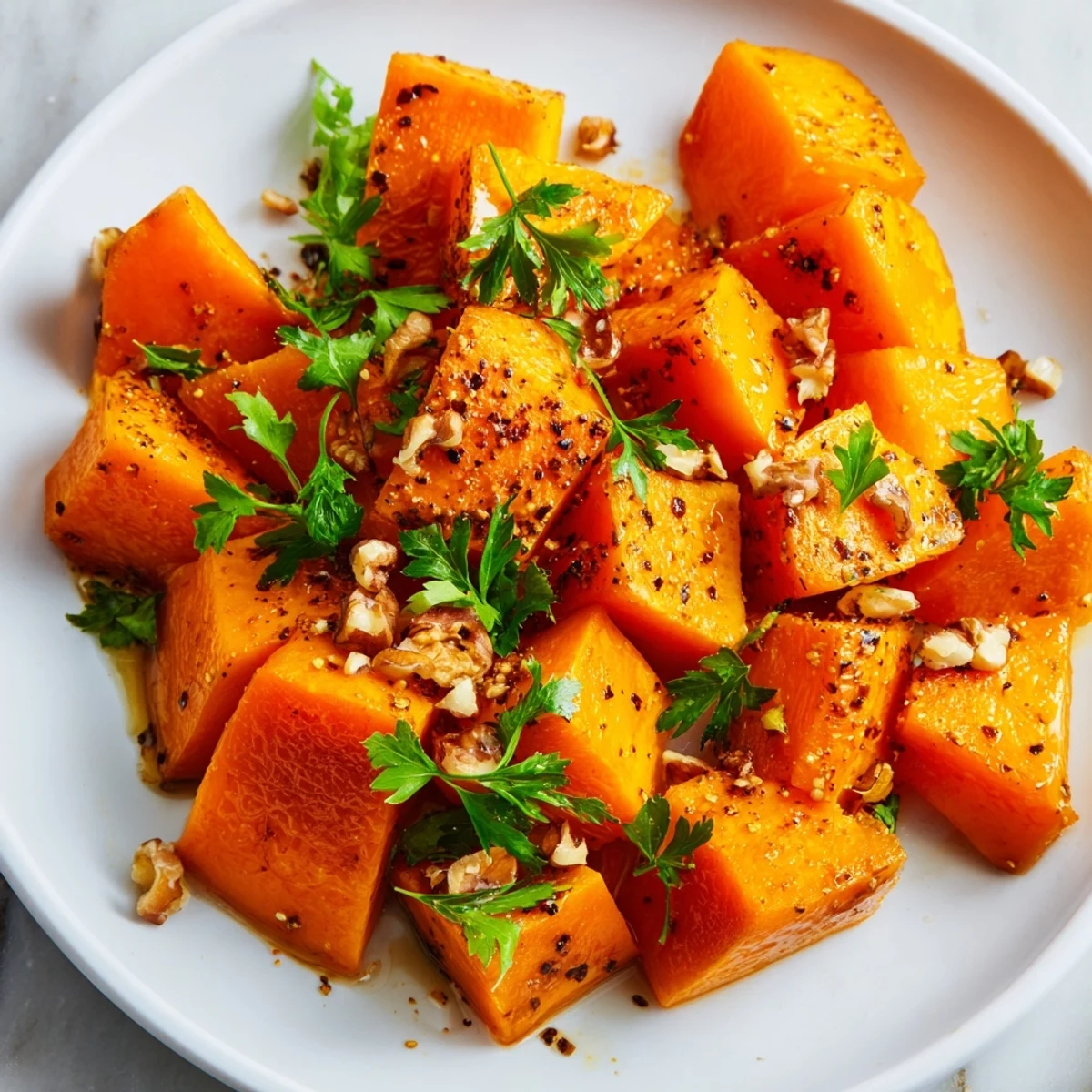 A close-up of delicious roasted butternut squash, glazed with maple syrup and sprinkled with fresh parsley. 