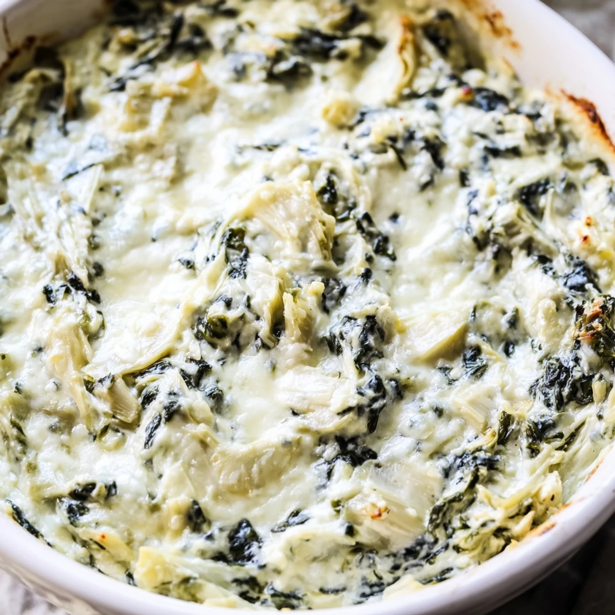 Warm and bubbly creamy spinach and artichoke dip, perfect for dipping tortilla chips at a party.