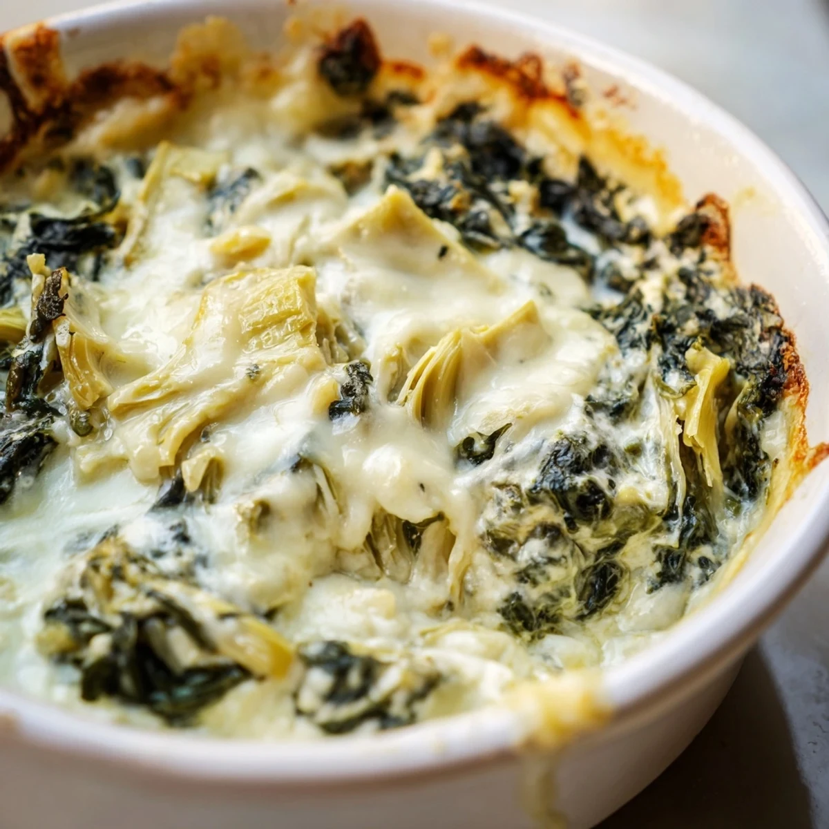 Melting cheese and tender spinach: a close-up of this easy Creamy Spinach and Artichoke Dip appetizer.