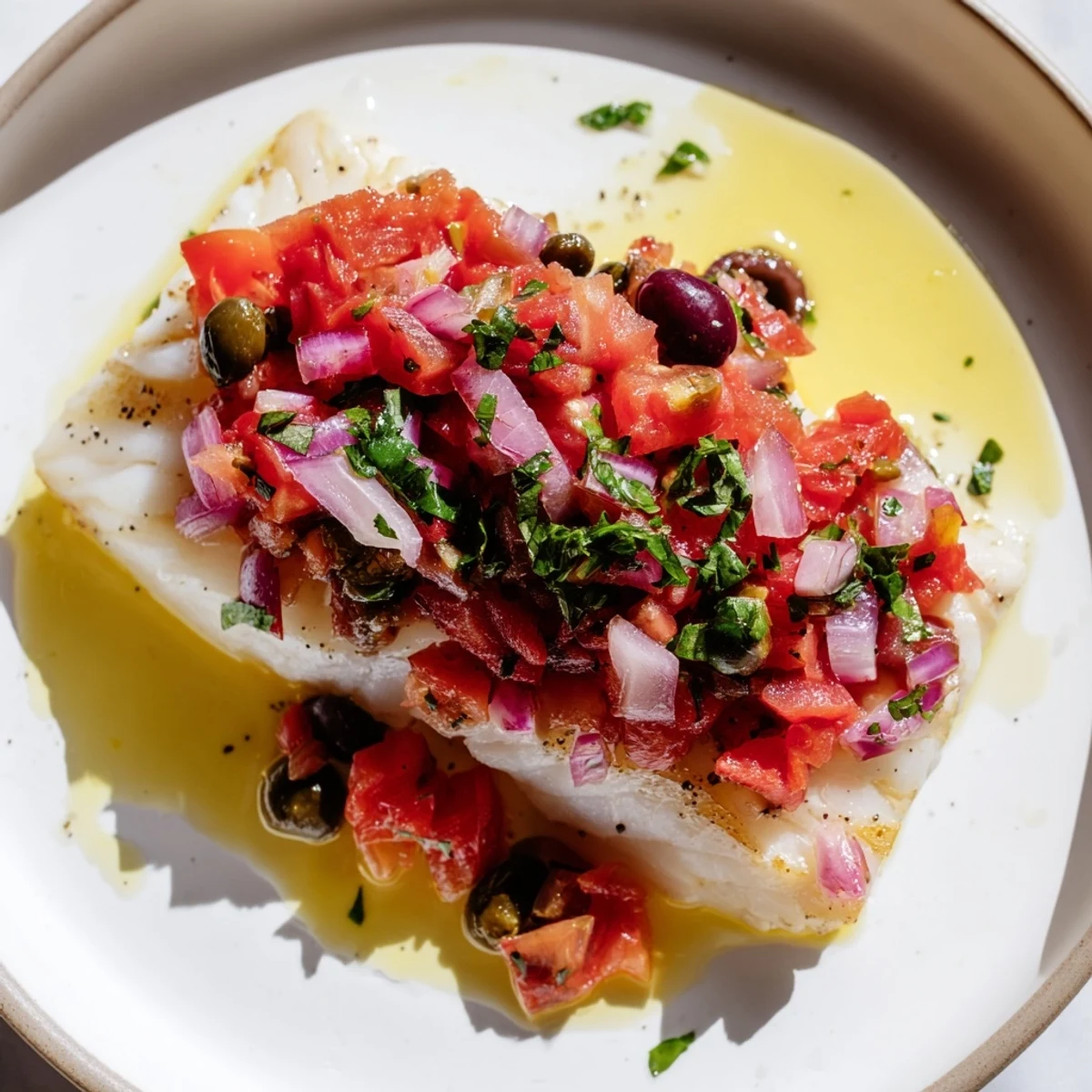 Baked cod with vibrant tomato and olive salsa, a flavorful Mediterranean main course.