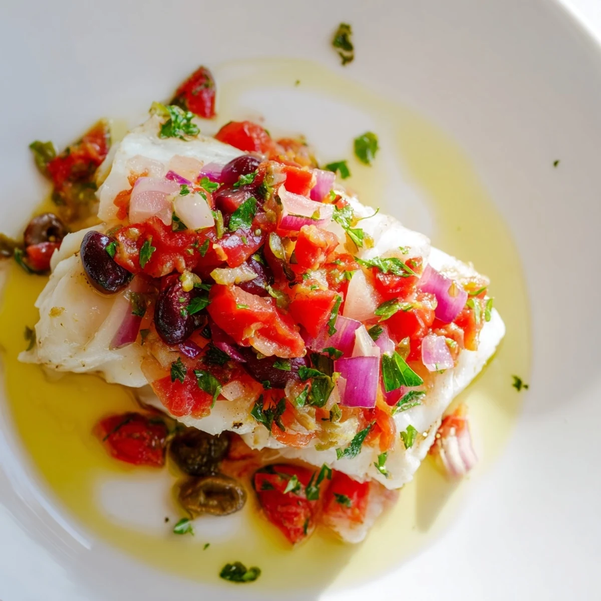 Golden, flaky baked cod topped with a fresh tomato and olive salsa, ready to serve and enjoy.
