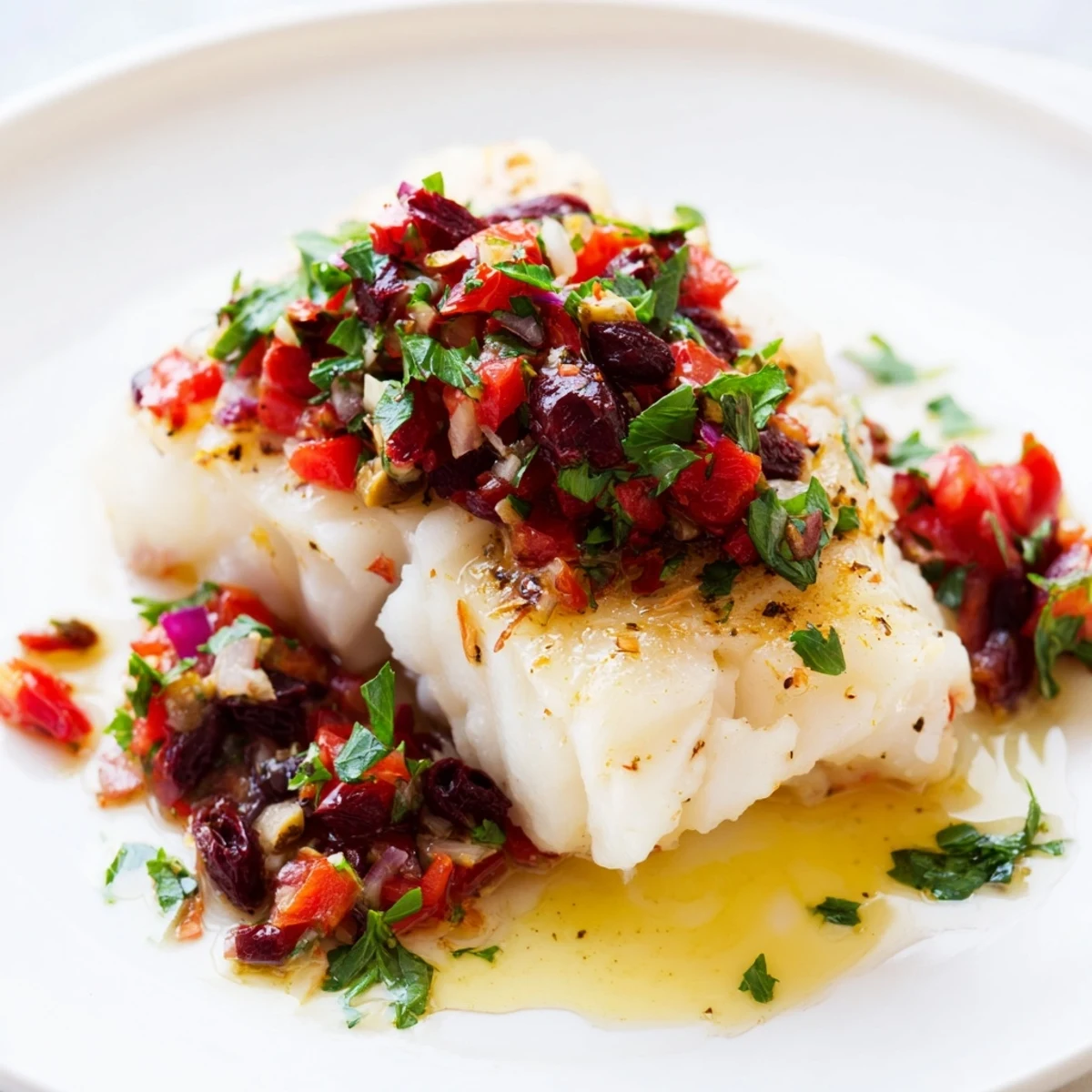 Succulent baked cod, garnished with a colorful tomato and olive salsa, perfect for a healthy dinner.