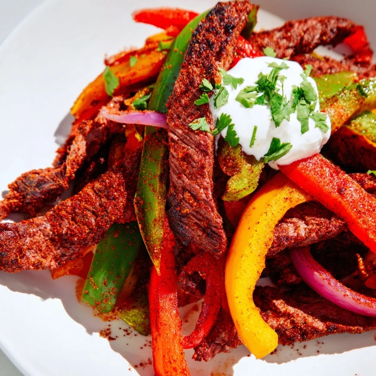 Tender strips of flank steak roast with colorful bell peppers and onions for Sheet Pan Steak Fajitas, garnished with cilantro and fresh lime wedges.