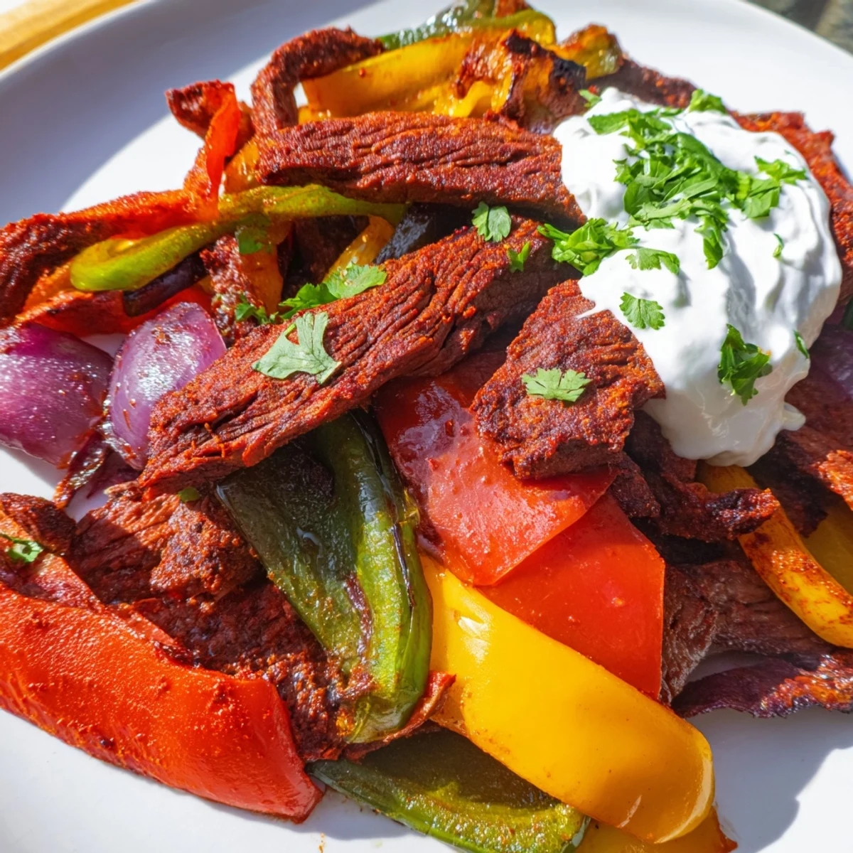 Golden, slightly charred Sheet Pan Steak Fajitas sizzle beside warm tortillas and creamy guacamole on a rustic wooden serving board.
