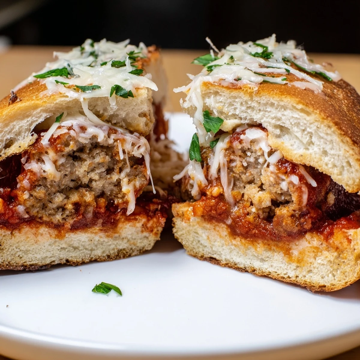 Golden-brown turkey meatballs simmer in a rich, chunky marinara sauce inside a toasted sub roll, ready to serve.