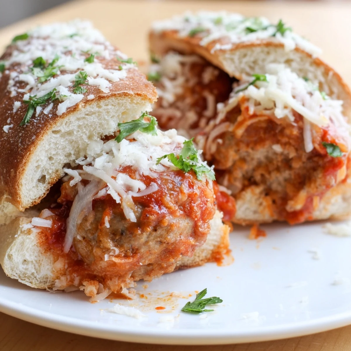 Melted mozzarella stretches over juicy turkey meatballs and tangy marinara, stuffed perfectly inside a buttery, toasted hoagie bun.