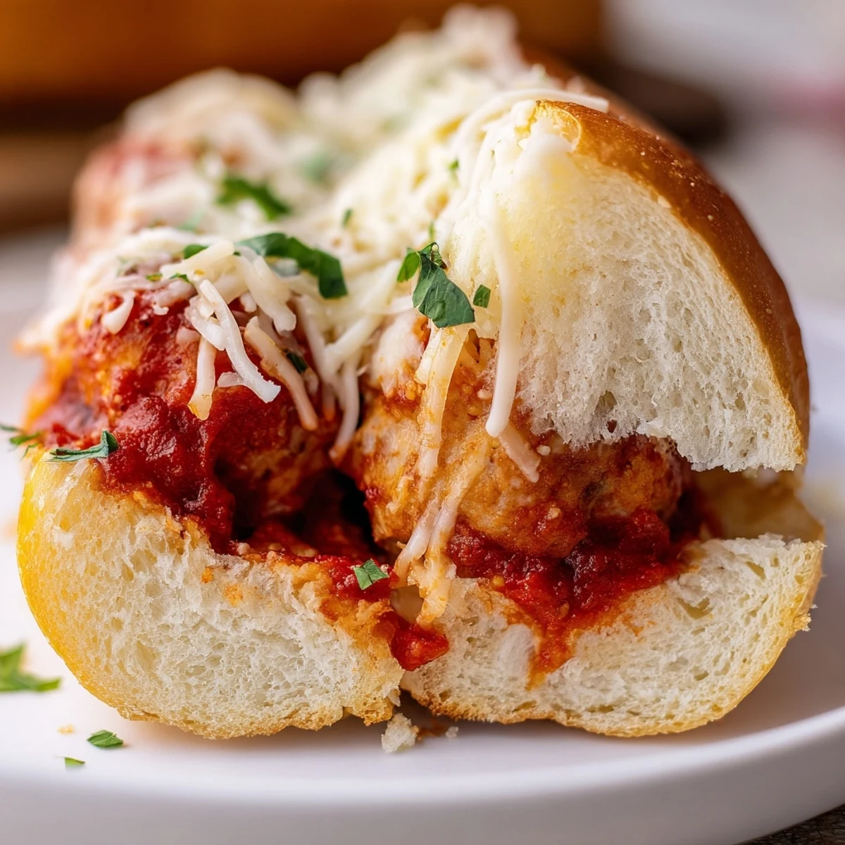 Fresh parsley garnishes warm Turkey Meatball Subs with Marinara and Mozzarella, served hot and messy for a family dinner.