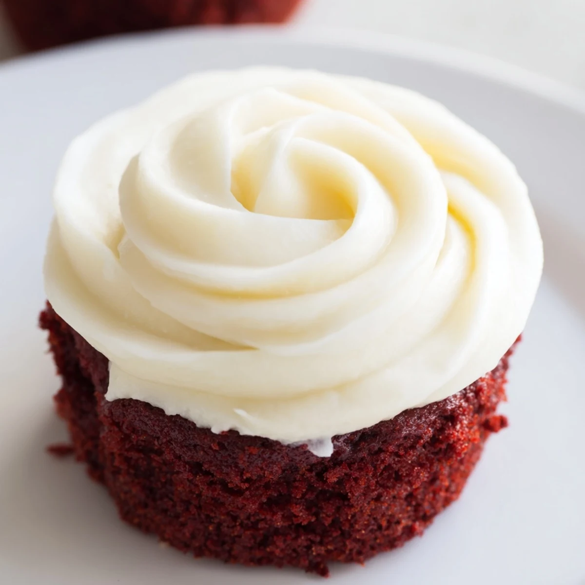 Freshly baked Red Velvet Cupcakes with cream cheese frosting, piped high and swirled beautifully, sit on a rustic wooden board for a cozy kitchen scene.