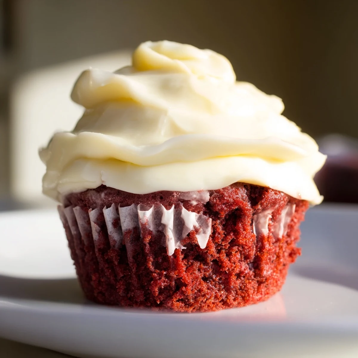 A close-up of a Red Velvet Cupcakes with Cream Cheese Frosting reveals moist red crumb and velvety white frosting, topped with a sprinkle of cocoa.
