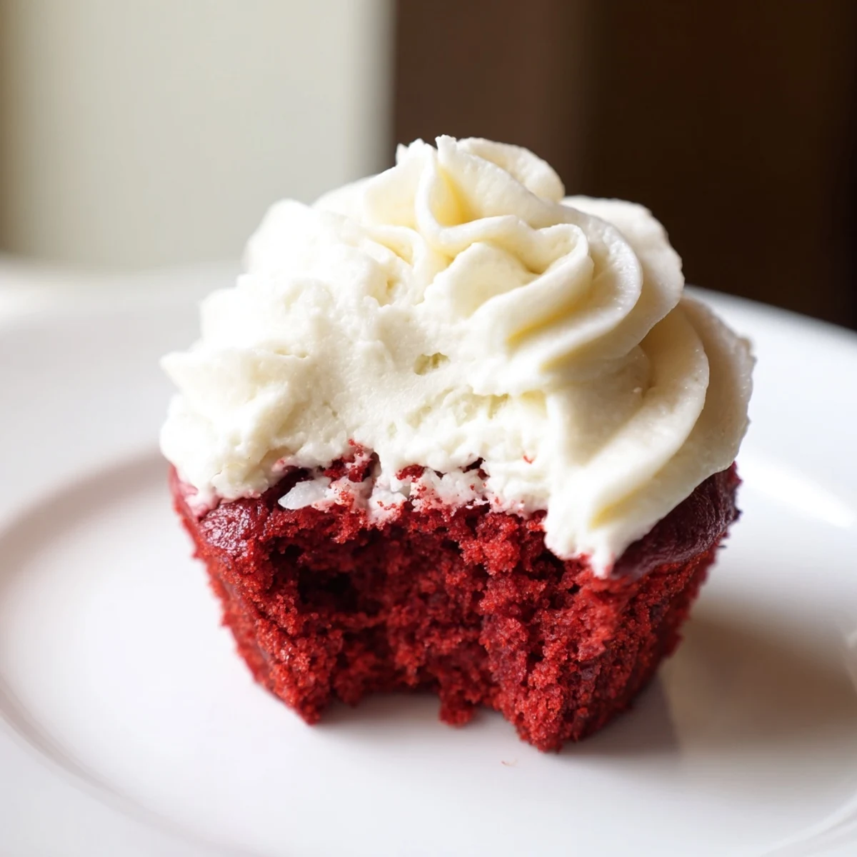 Perfect for a party, Red Velvet Cupcakes with Cream Cheese Frosting are displayed on a marble platter alongside a glass of cold milk.