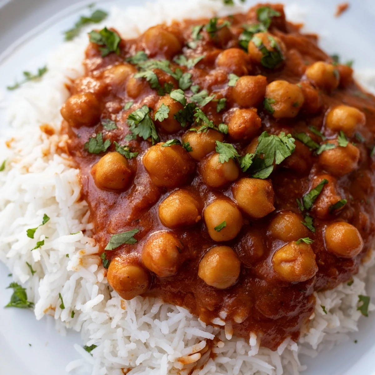 A steaming bowl of Vegan Chickpea Tikka Masala with Basmati Rice garnished with fresh cilantro.