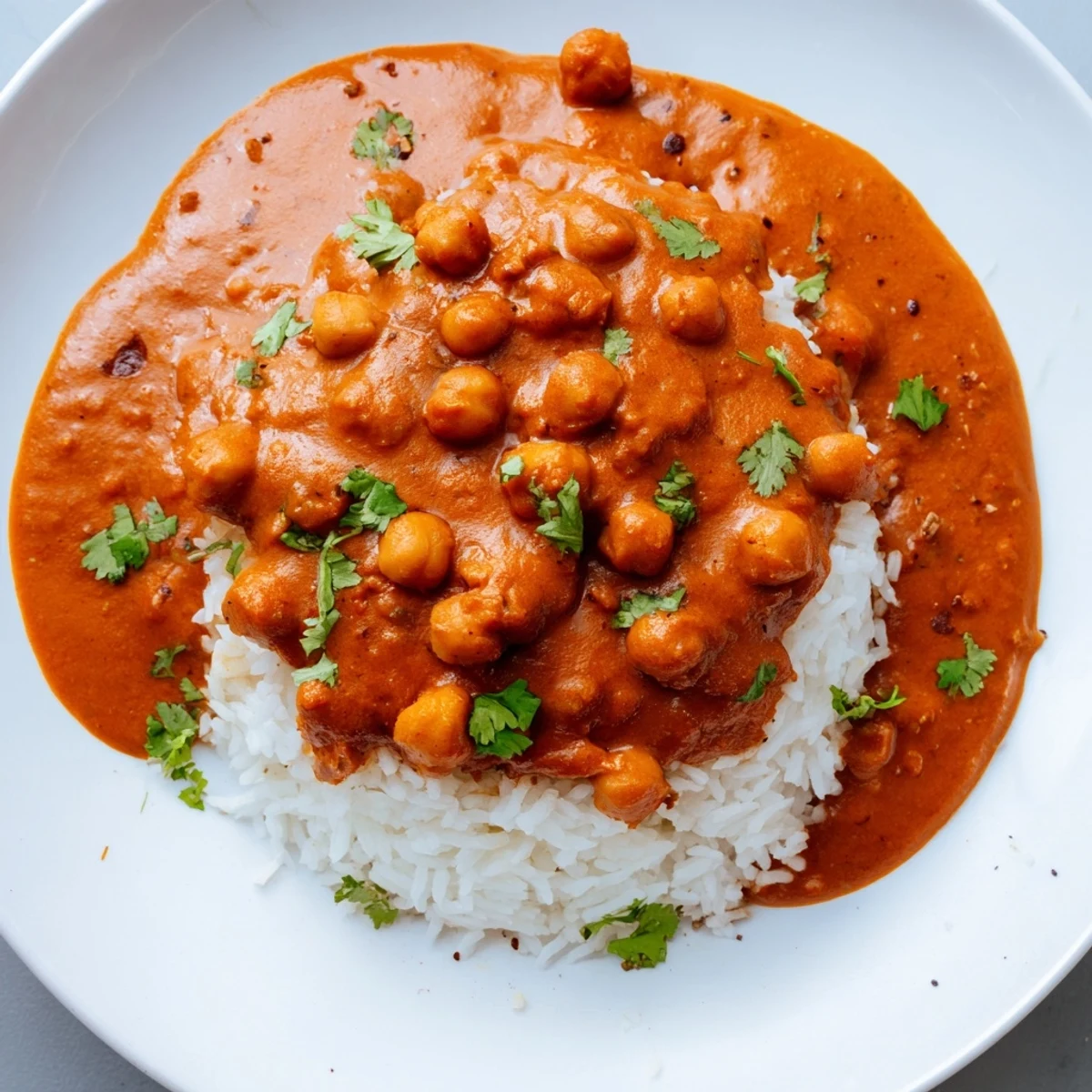 A spoon scooping Vegan Chickpea Tikka Masala from a bowl of fluffy Basmati Rice.
