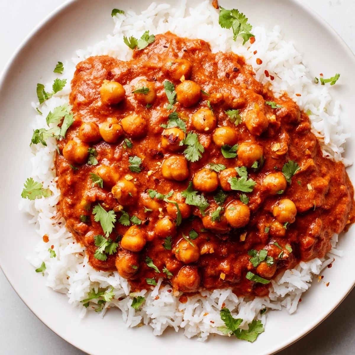 Close-up of creamy Vegan Chickpea Tikka Masala with Basmati Rice and lemon wedges on the side.