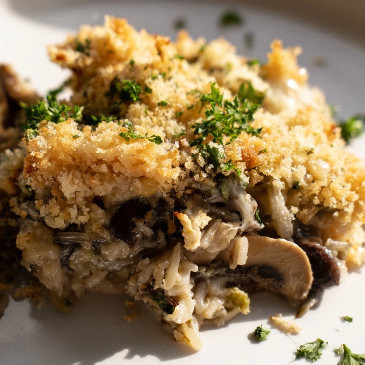 A spoon lifts a serving of Creamy Mushroom and Wild Rice Casserole from the dish, revealing the creamy sauce.