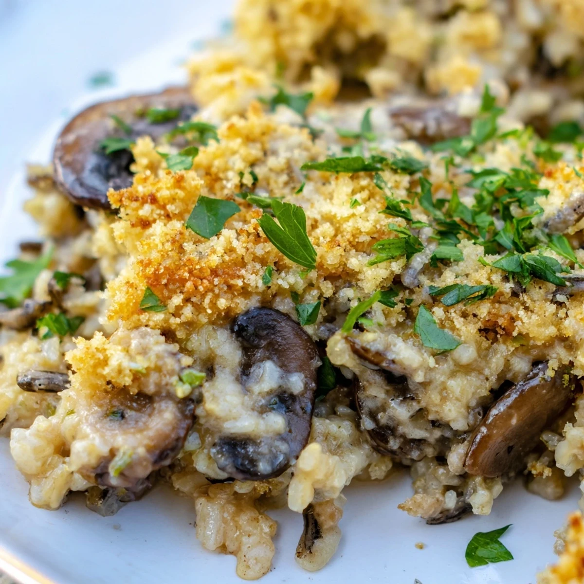 Golden-baked Creamy Mushroom and Wild Rice Casserole steaming from the oven with a crunchy panko crust.