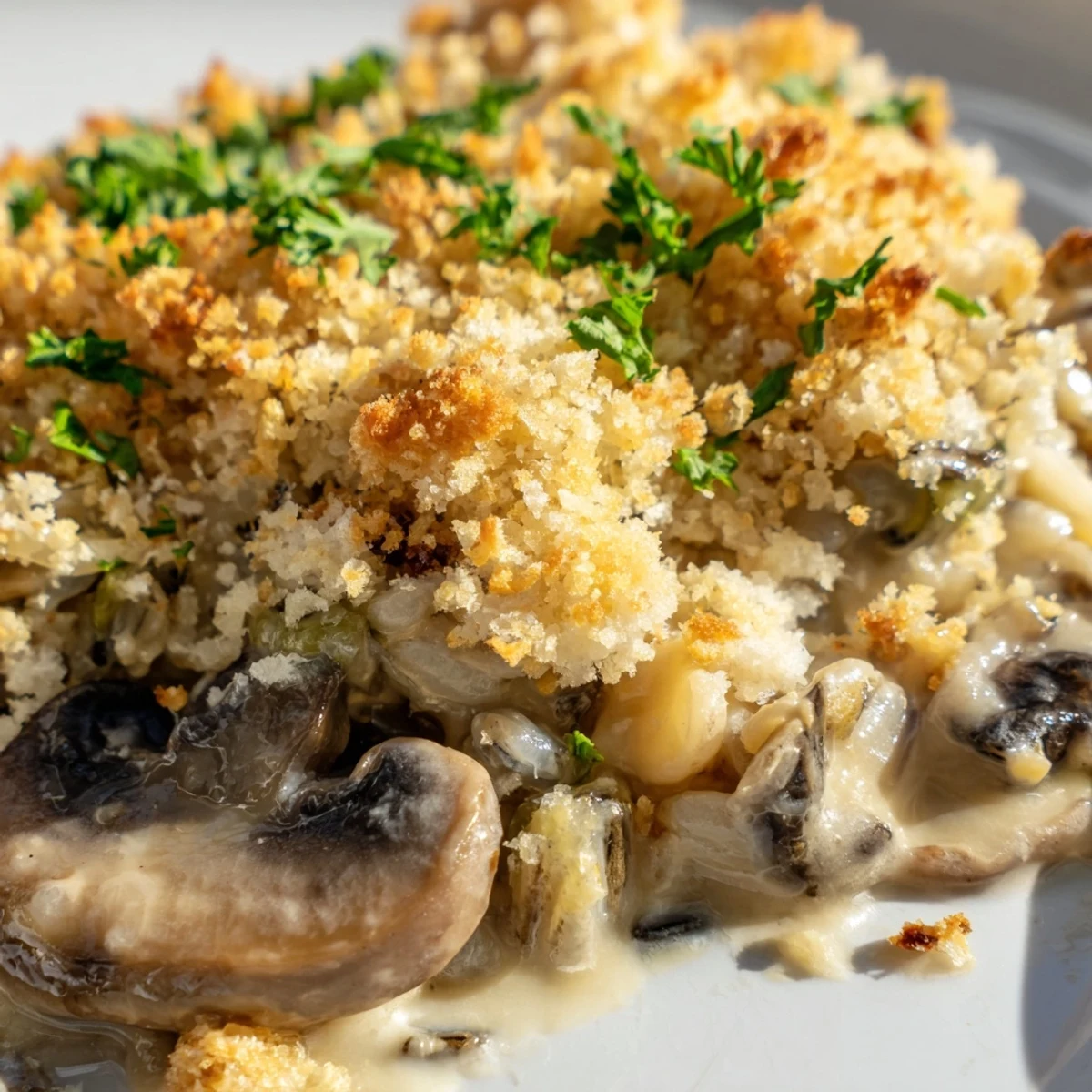 Rustic wooden board topped with Creamy Mushroom and Wild Rice Casserole beside a green salad and fresh parsley.