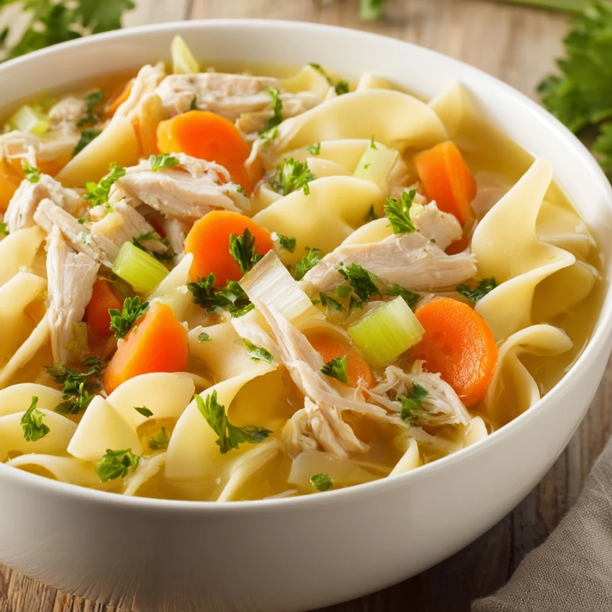 Homemade Instant Pot Chicken Noodle Soup with Herbs steaming in a white bowl, garnished with fresh parsley.