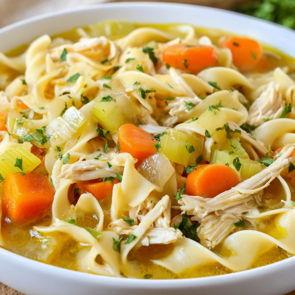 A ladle serves up Instant Pot Chicken Noodle Soup with Herbs, featuring tender chicken and egg noodles in broth.
