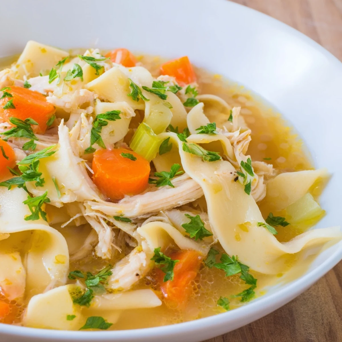 Steaming Instant Pot Chicken Noodle Soup with Herbs is topped with parsley and served alongside crusty artisan bread.