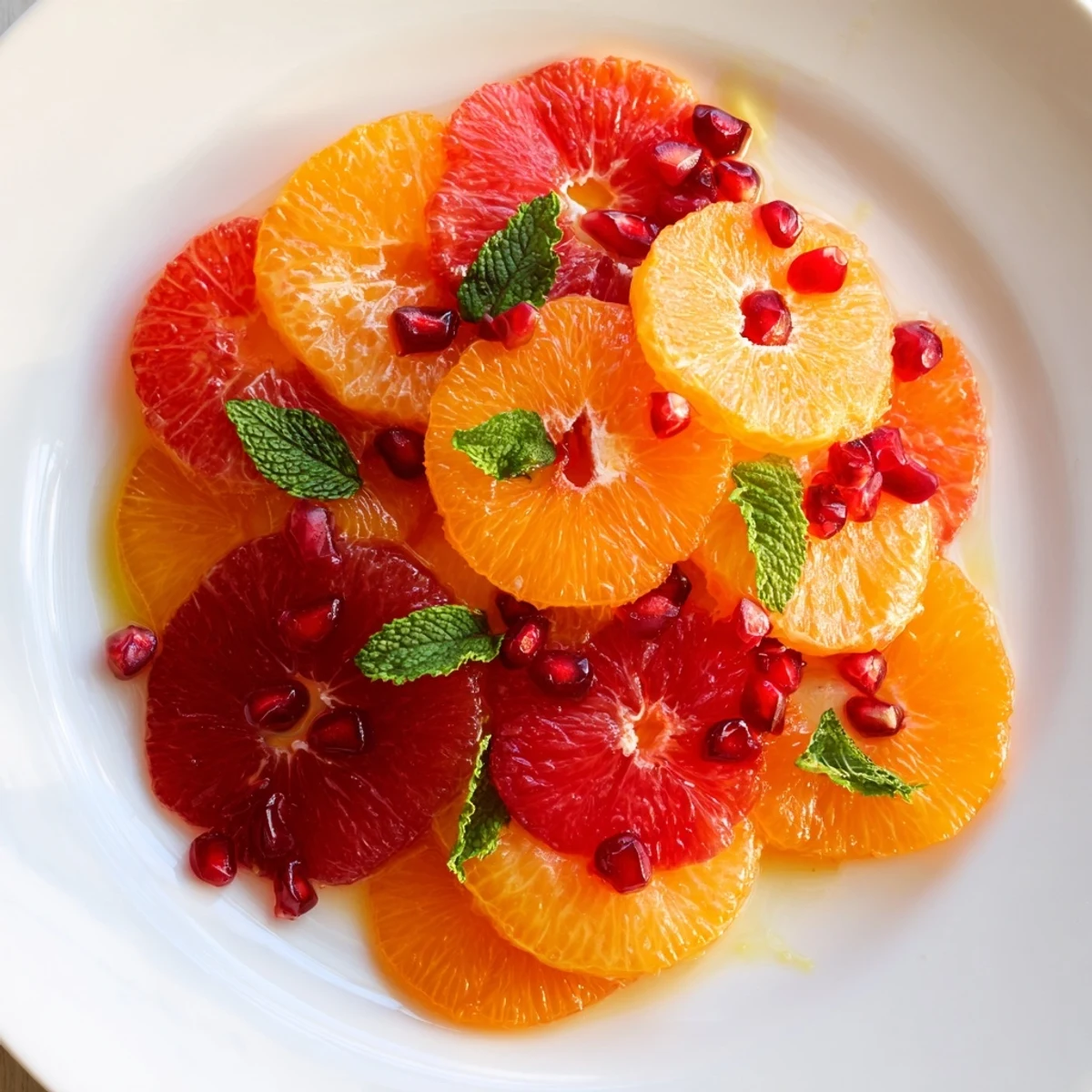 Freshly sliced oranges and blood oranges arranged on a platter for the Winter Citrus Fruit Salad with Honey Lime Dressing, sprinkled with pomegranate seeds and mint.