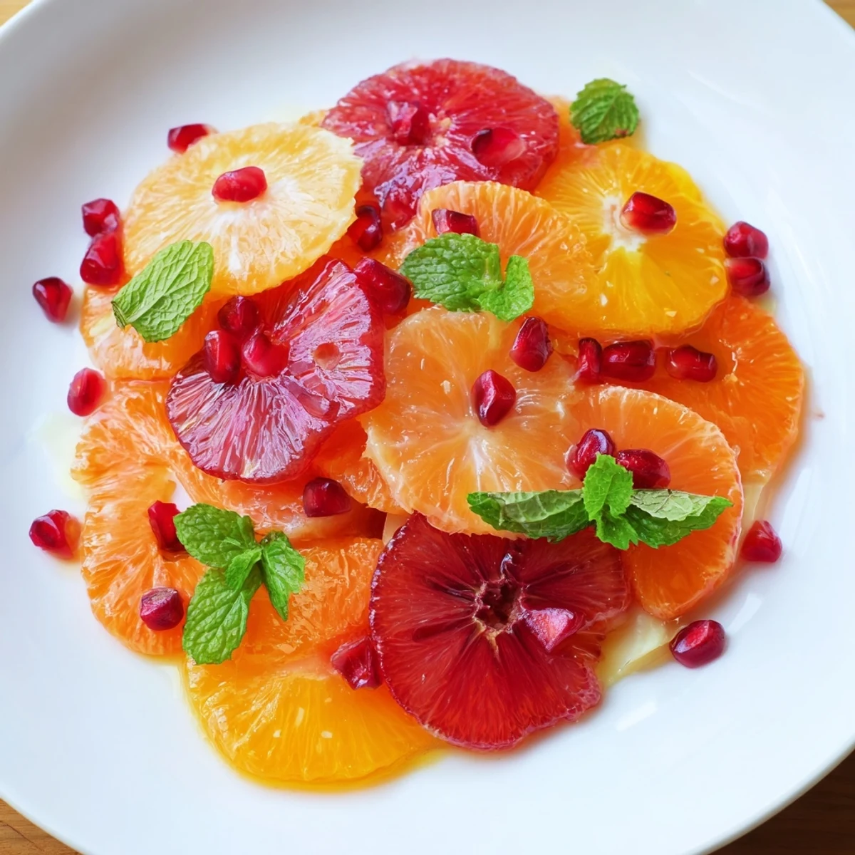 A close-up view of the Winter Citrus Fruit Salad showing glistening honey lime dressing, juicy grapefruit segments, and fresh torn mint leaves.