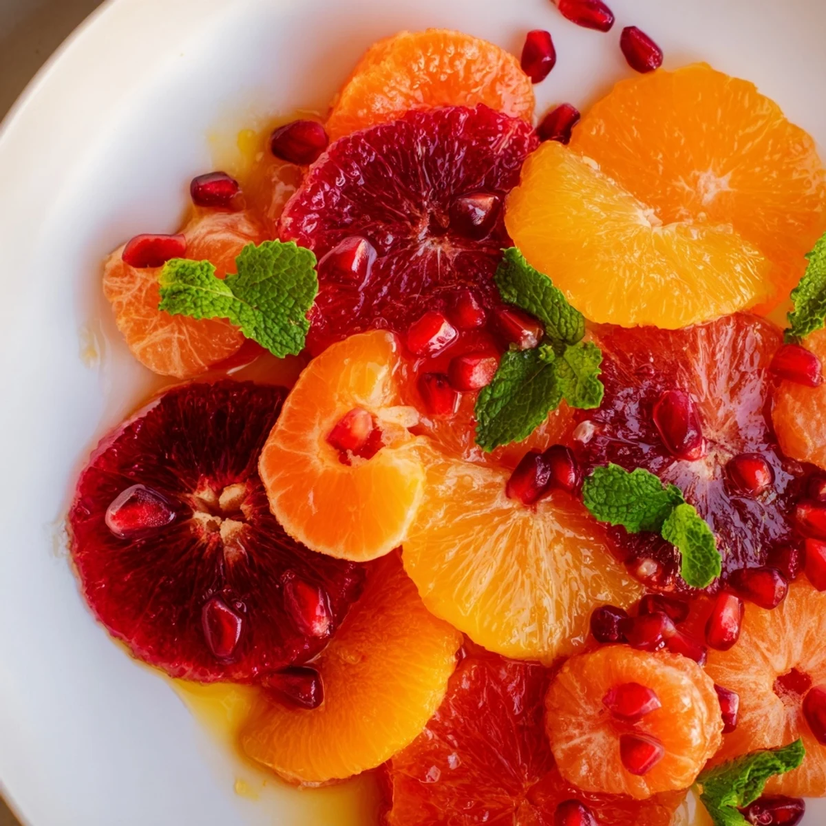 Vibrant plated Winter Citrus Fruit Salad with Honey Lime Dressing, ready to serve with colorful citrus rounds and a bright, refreshing garnish.