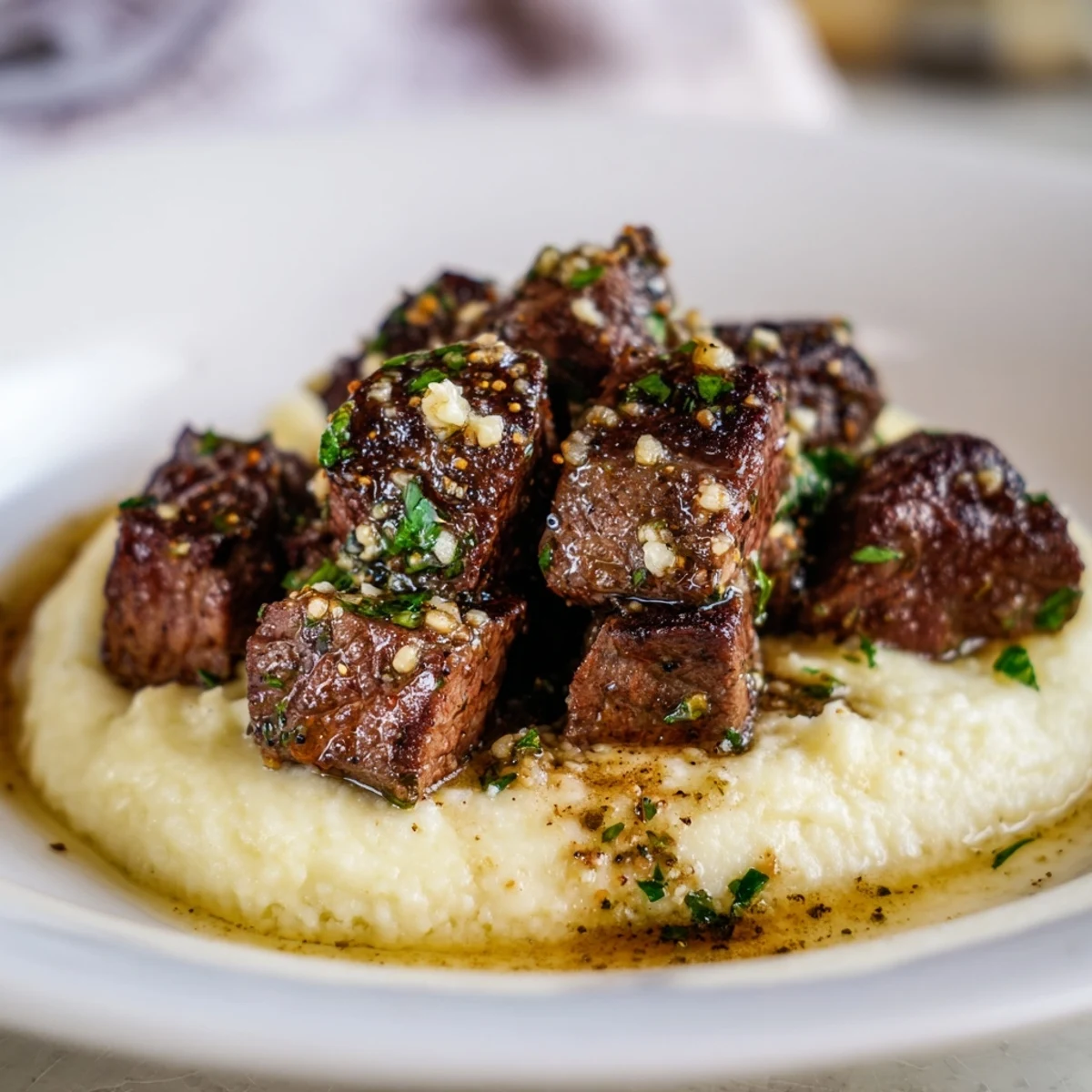 Golden-brown Garlic Butter Steak Bites with Mashed Potatoes served hot on a plate.