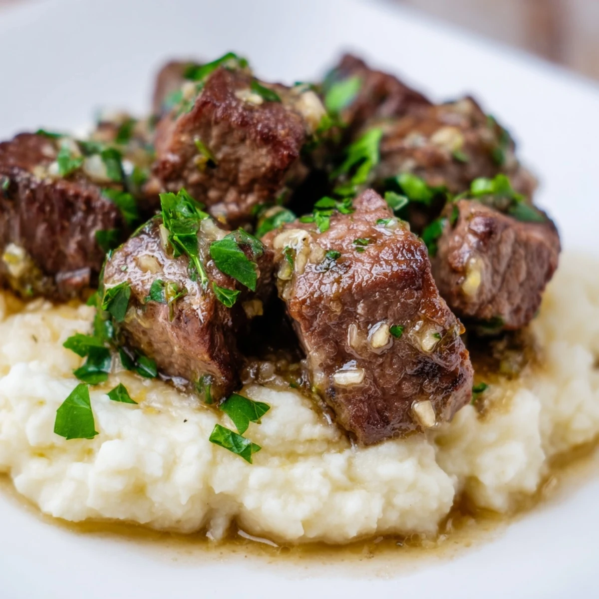 Fork-tender Garlic Butter Steak Bites swimming in rich sauce over creamy potatoes.