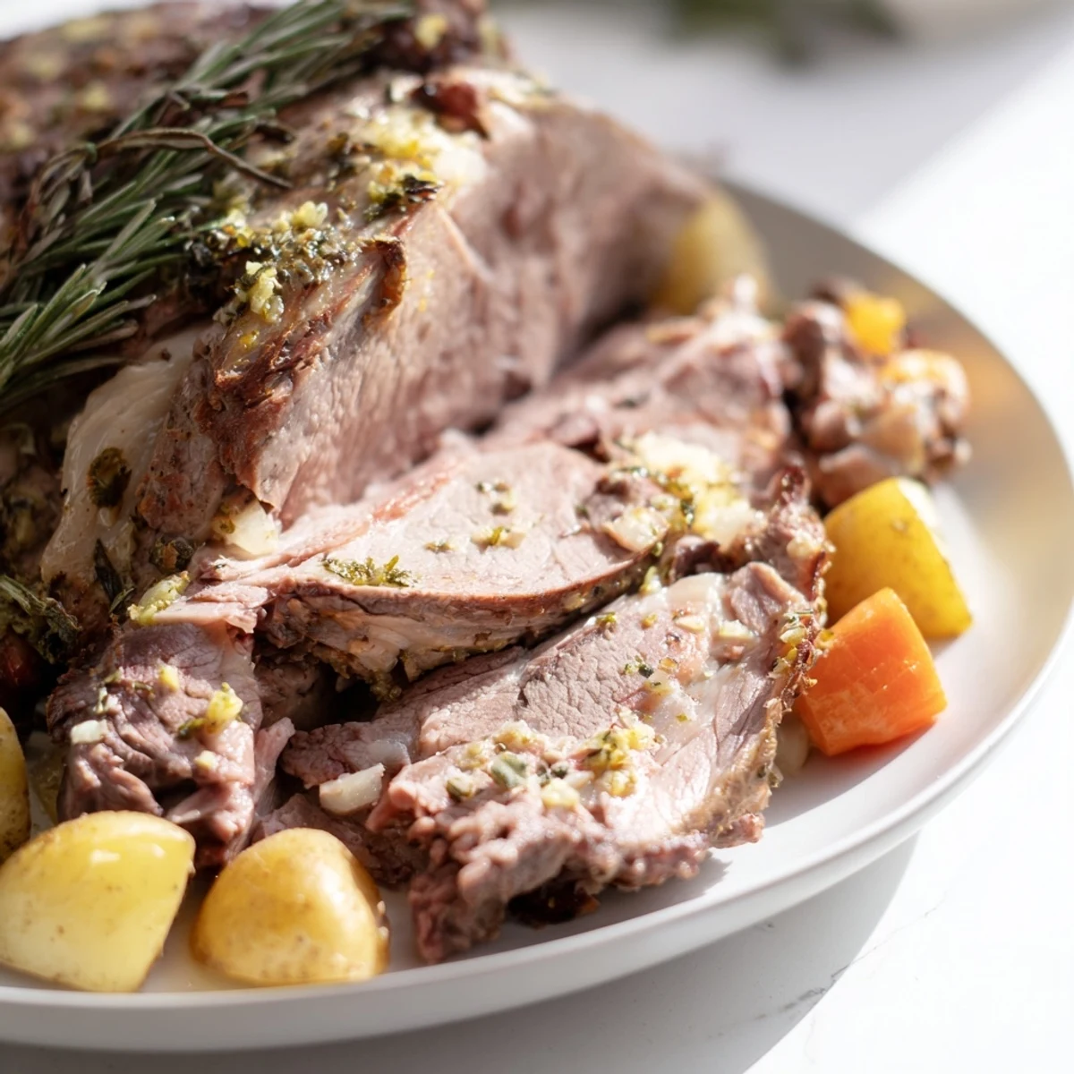 A glistening, slow roasted leg of lamb with garlic and lemon, garnished with fresh rosemary, served with roasted vegetables.