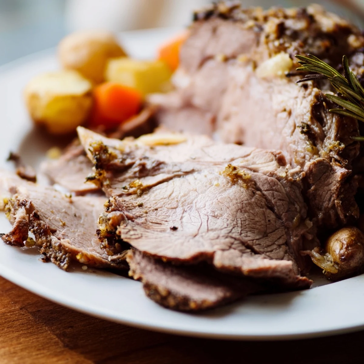 A golden-brown slow roasted leg of lamb with garlic and lemon rests on a platter, sliced to reveal juicy, tender meat.