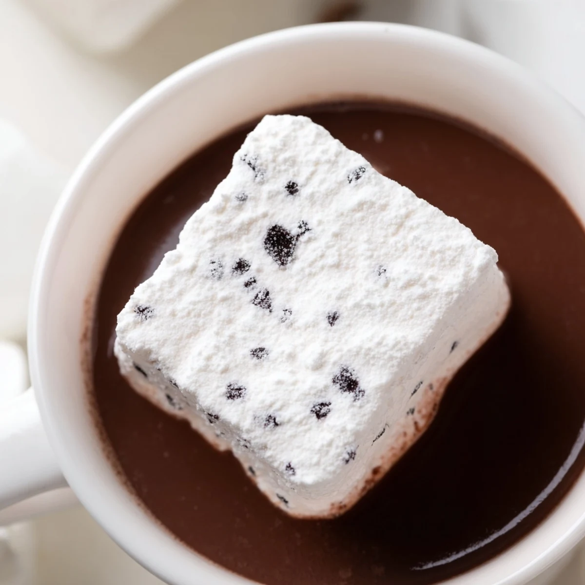 Cozy Fluffy Vanilla Bean Marshmallow Floaters served in a mug with steam rising and cocoa powder.