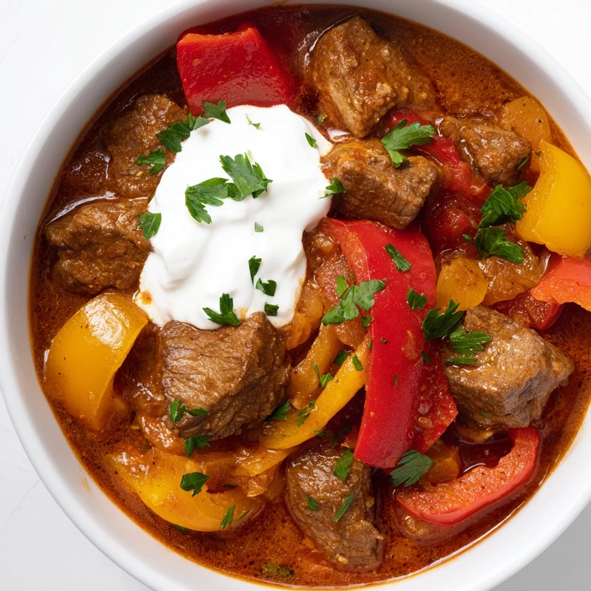 Tender chunks of beef chuck and sweet bell peppers simmer in a savory Rich Beef Goulash, ready to be ladled over buttered noodles.