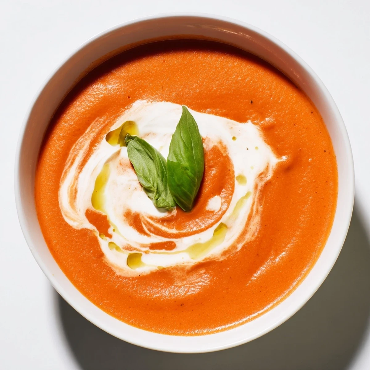 A close-up of Creamy Tomato and Roasted Garlic Bisque, topped with fresh basil and a swirl of cream in a rustic bowl.