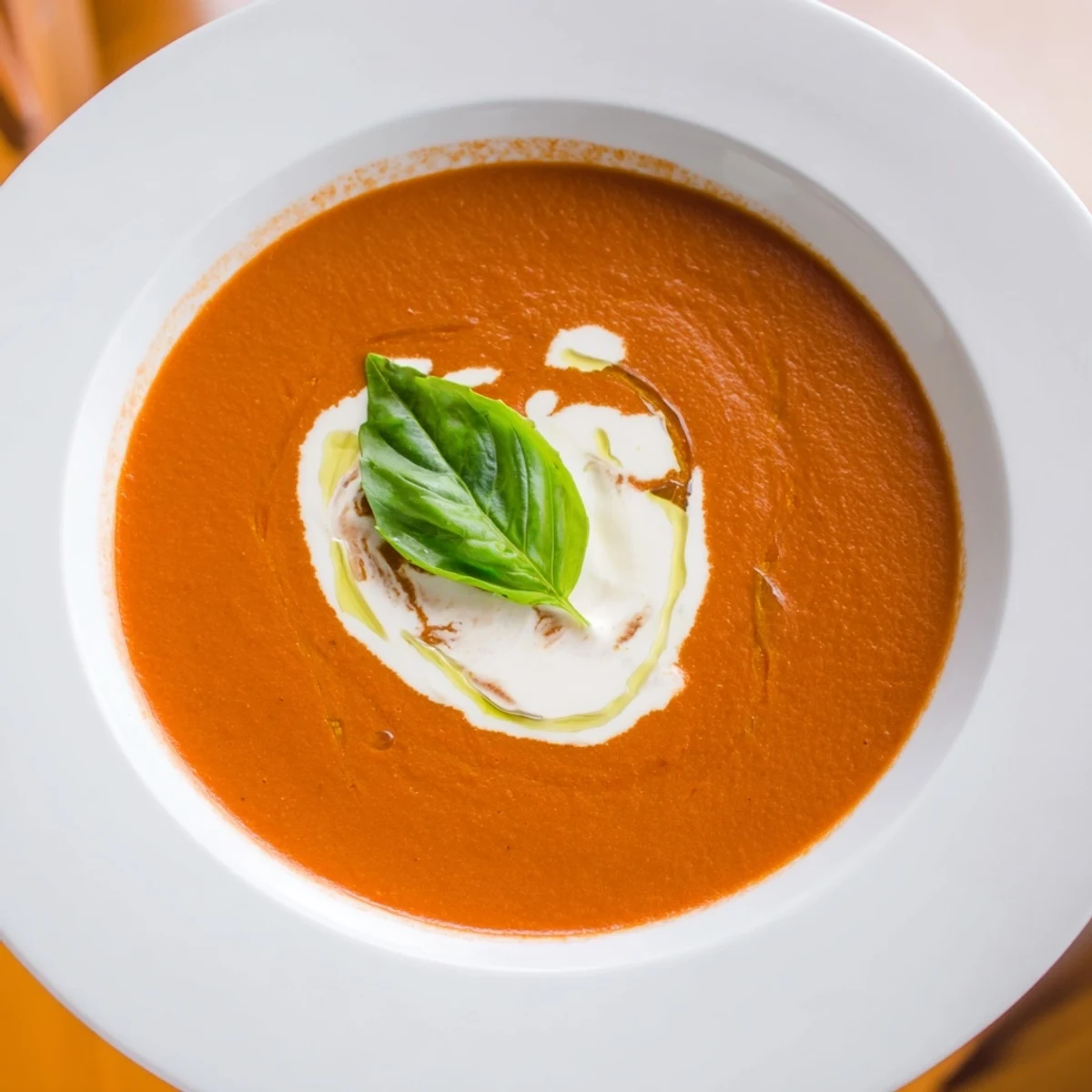 Velvety Creamy Tomato and Roasted Garlic Bisque garnished with basil, served alongside crusty bread for dipping on a wooden table.