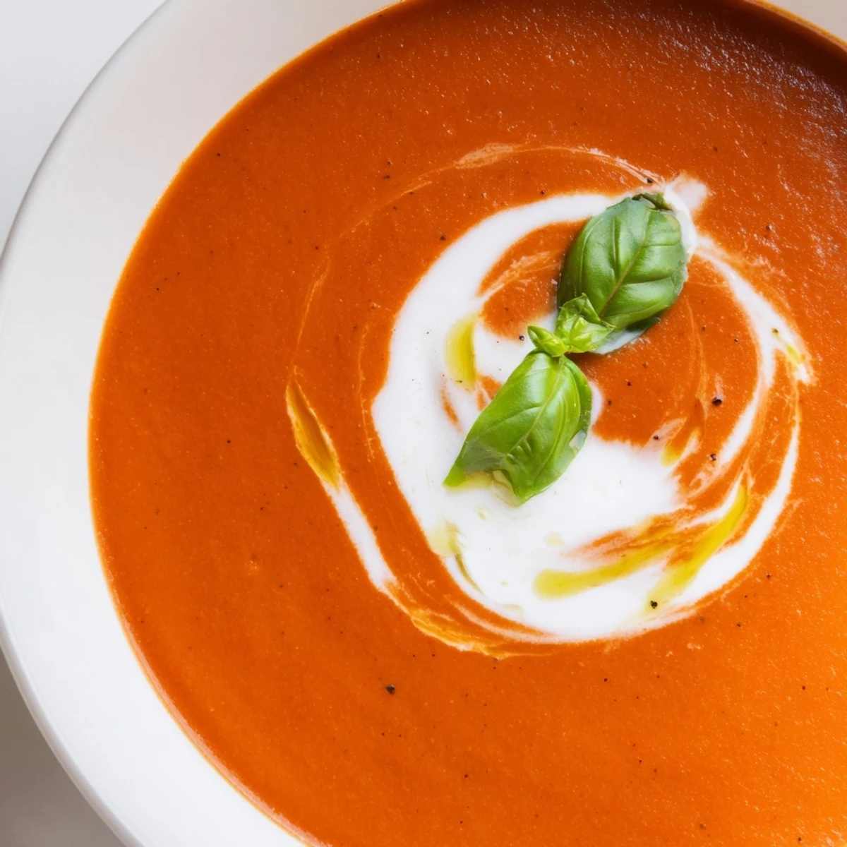 Overhead view of Creamy Tomato and Roasted Garlic Bisque in a white bowl, featuring a rich red-orange texture and olive oil drizzle.