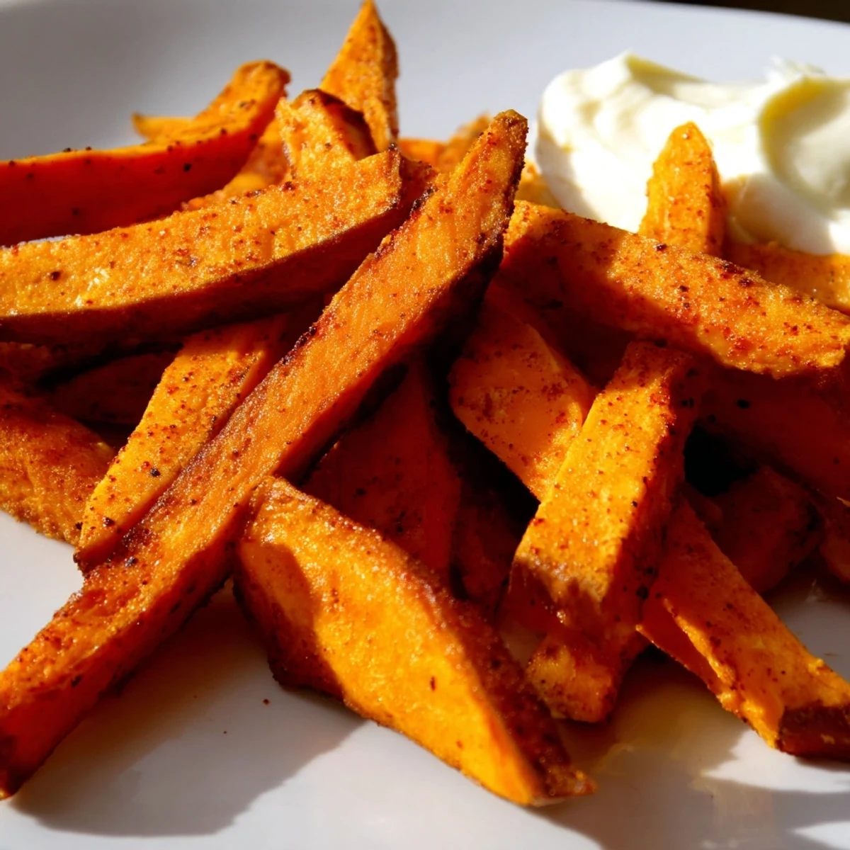 Golden, crispy Baked Sweet Potato Fries with Garlic Aioli, served fresh from the oven on a rustic platter.