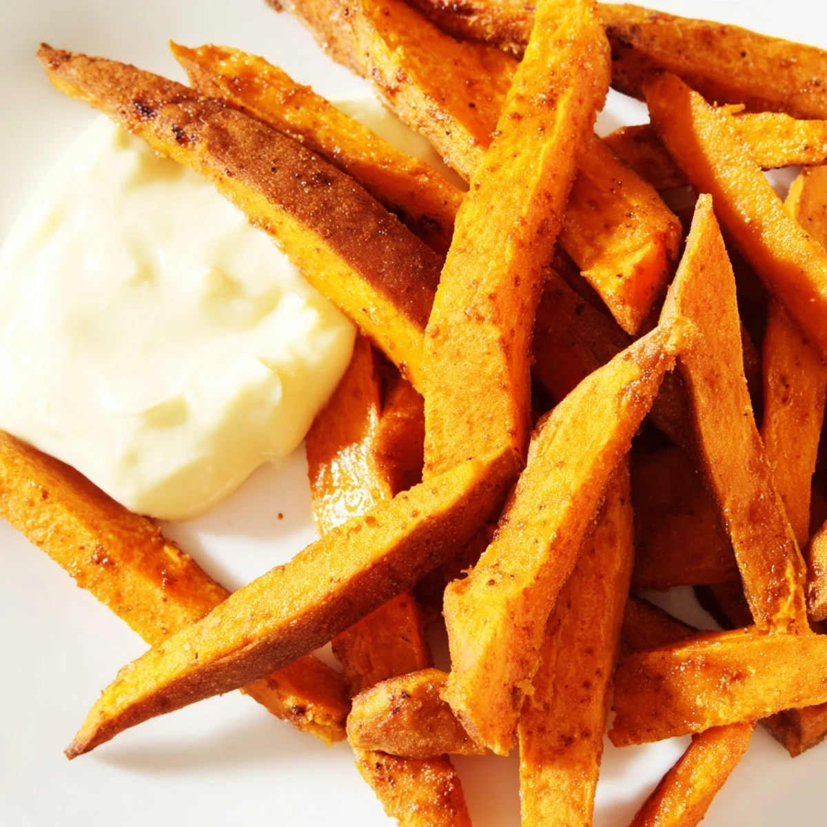 Tender sweet potato sticks with paprika, dipped in creamy garlic aioli alongside a cold craft beer.