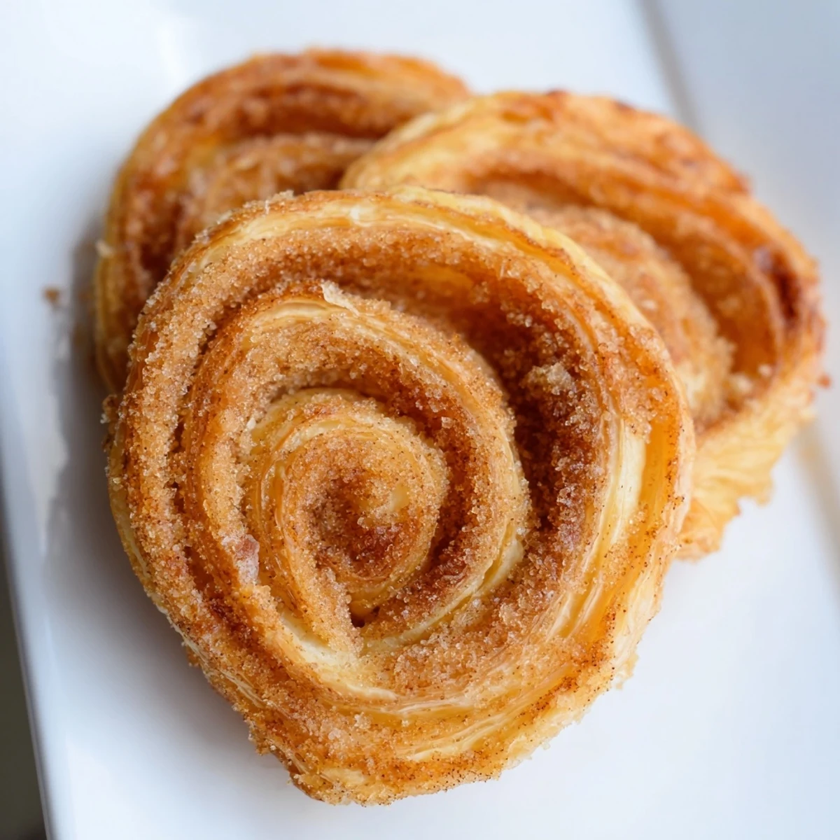 Freshly baked Cinnamon Sugar Puff Pastry Palmiers with golden, flaky layers and caramelized edges sit on a rustic wire rack.