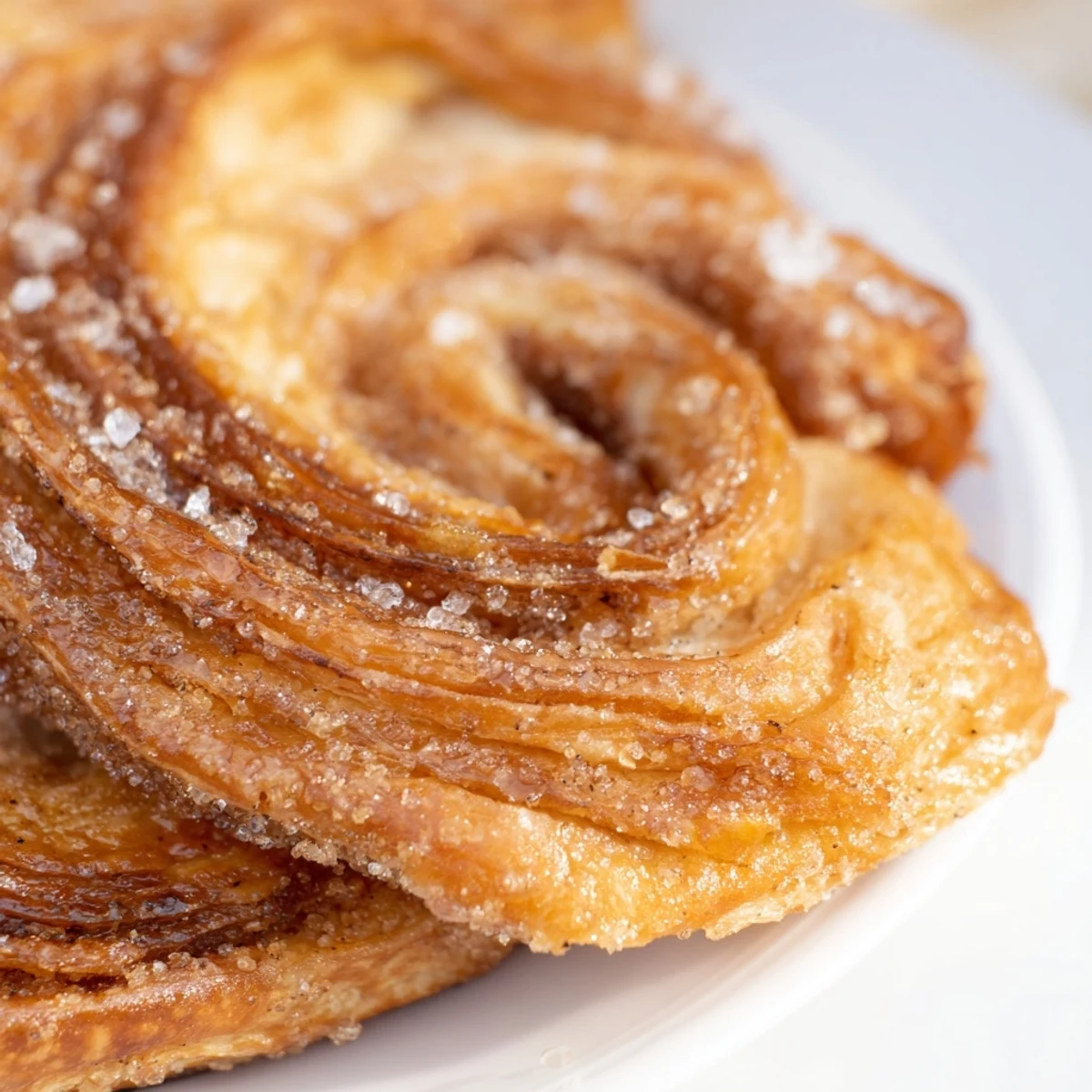 Crisp, sugary Cinnamon Sugar Puff Pastry Palmiers with double spirals are stacked on a plate next to a steaming coffee mug.