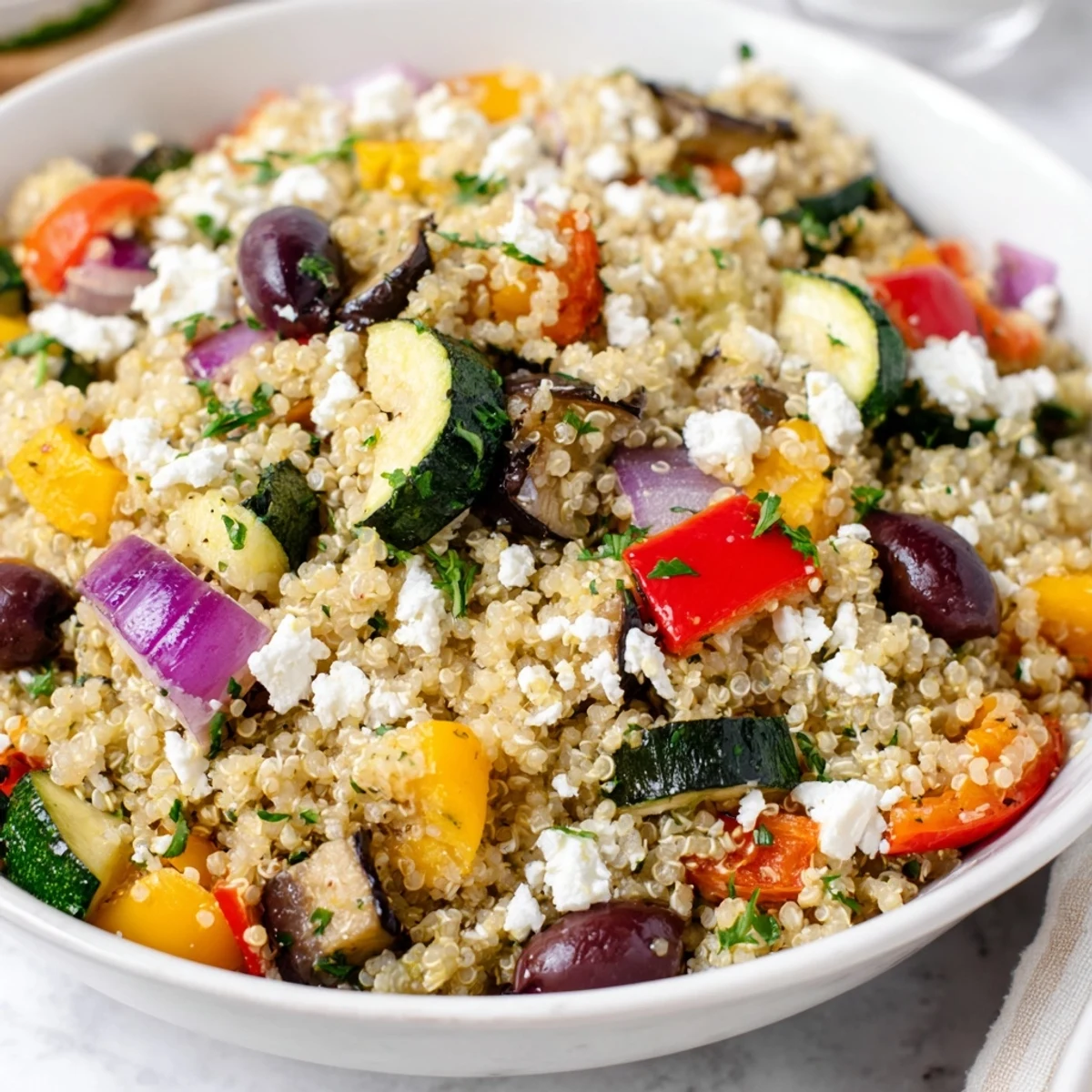 A close-up of Mediterranean Quinoa Salad highlights crumbled feta, kalamata olives, and vibrant roasted vegetables on a bed of fluffy quinoa.