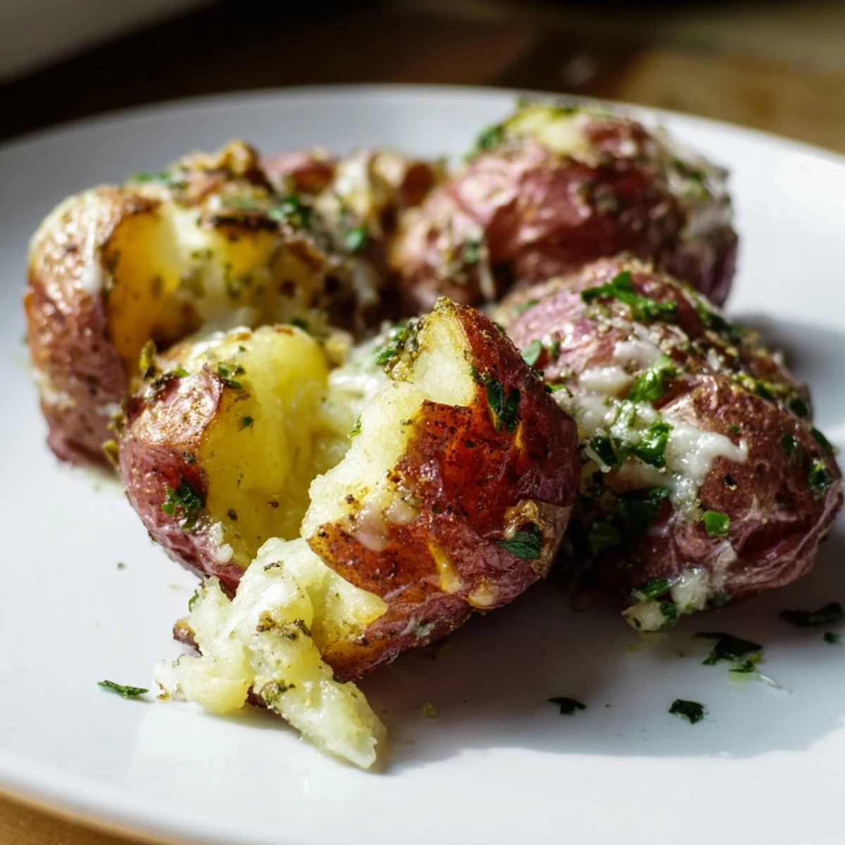 Golden brown Garlic Parmesan Smashed Red Potatoes fresh from the oven, garnished with chopped parsley.