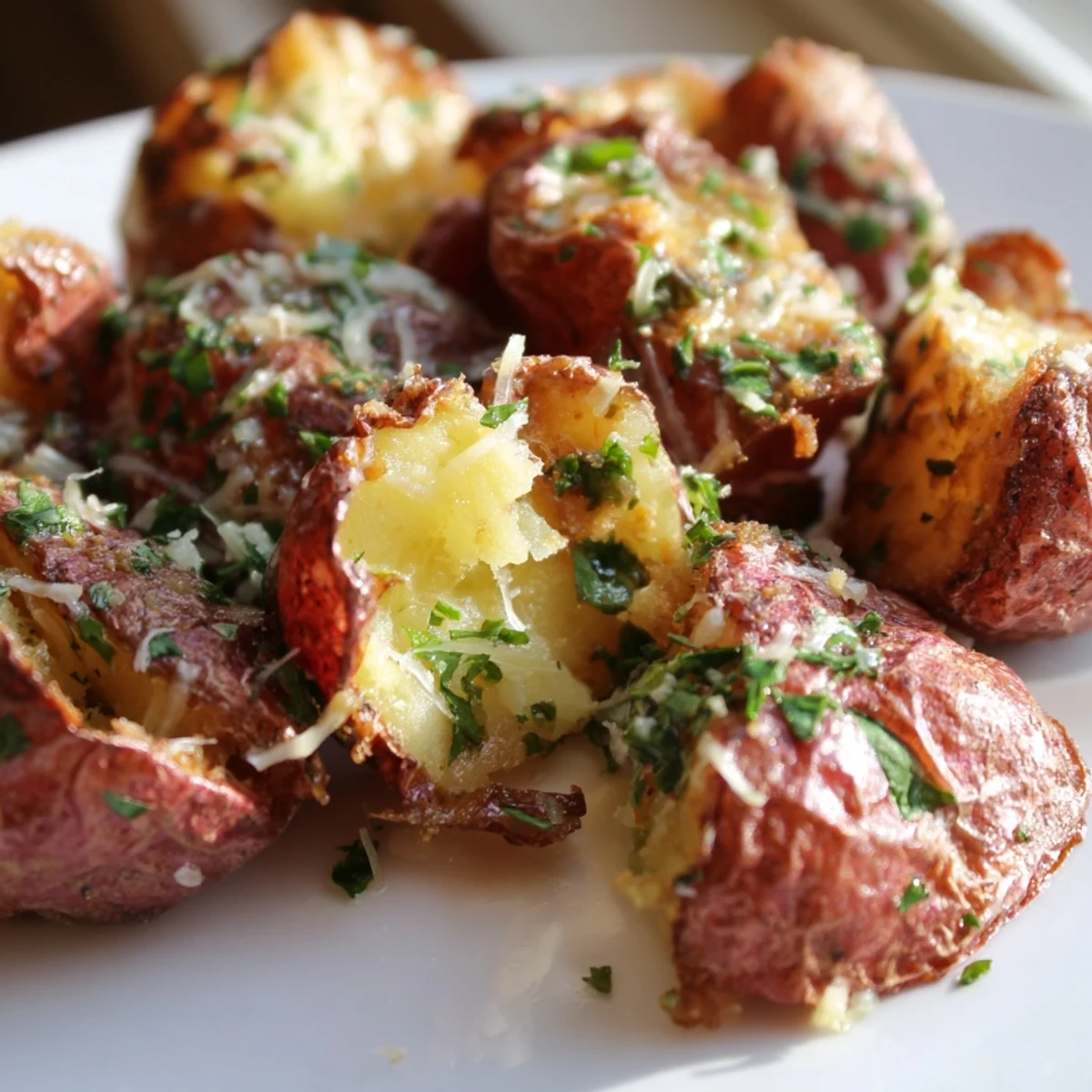Garlic Parmesan Smashed Red Potatoes plated alongside grilled steak and a crisp green salad.