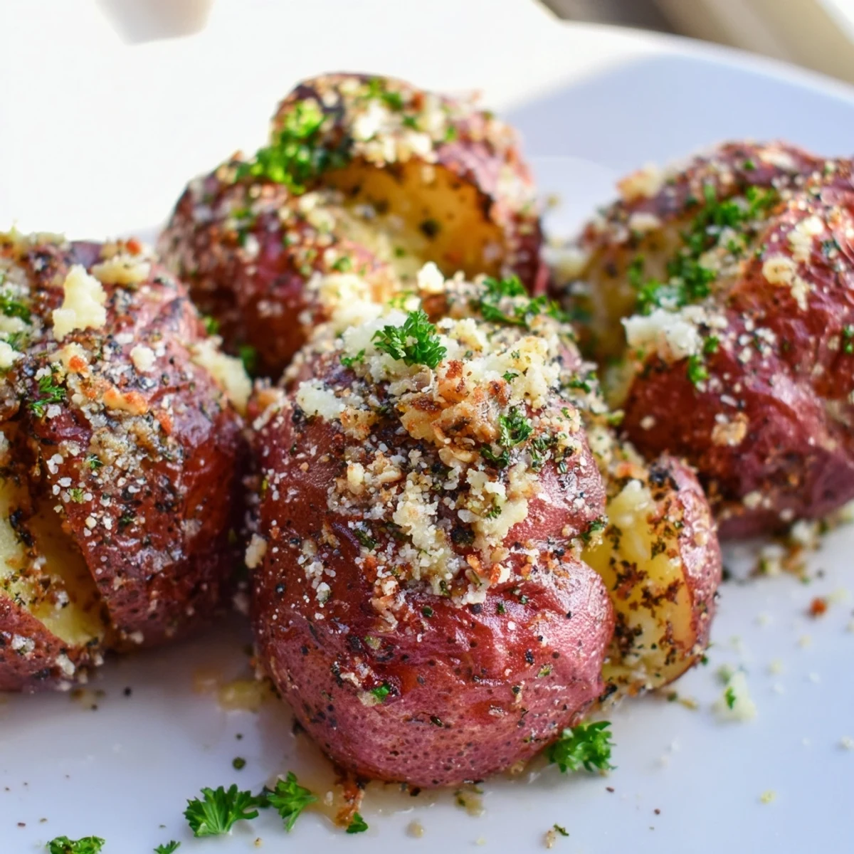 Roasted Garlic Parmesan Smashed Red Potatoes topped with melted Parmesan and fresh herbs.