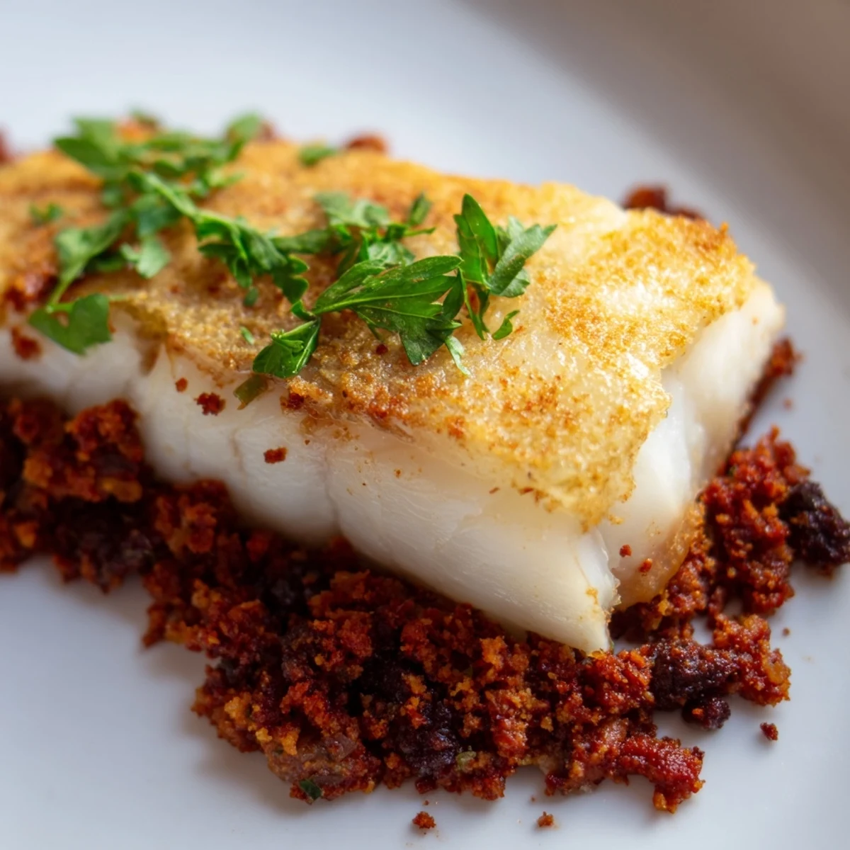 Crispy Skin Hake fillet resting on a plate, topped with a smoky chorizo-style beef crumb and fresh parsley garnish.