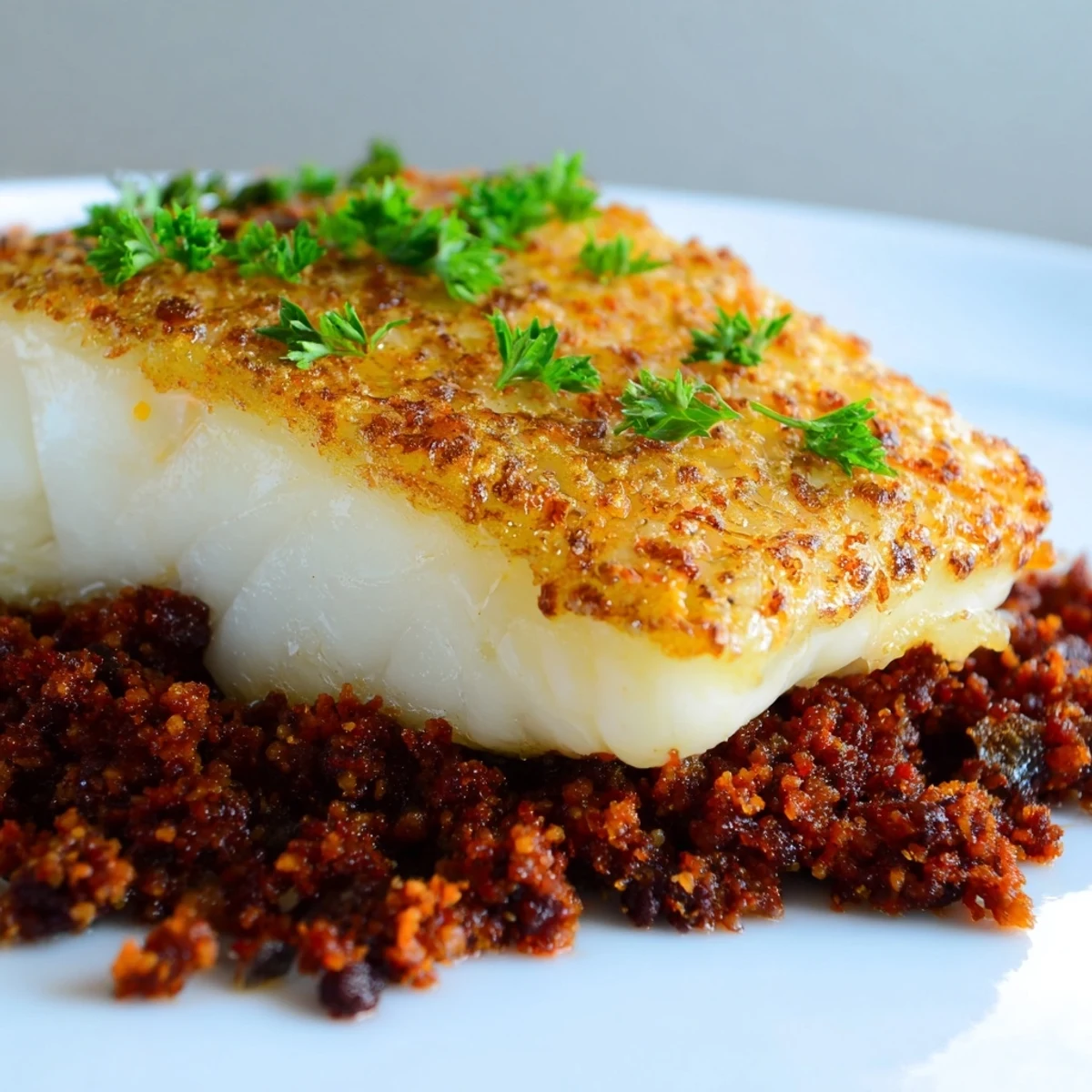 Perfectly seared Crispy Skin Hake with Chorizo Style Beef Crumb, served with lemon wedges for a bright finish.