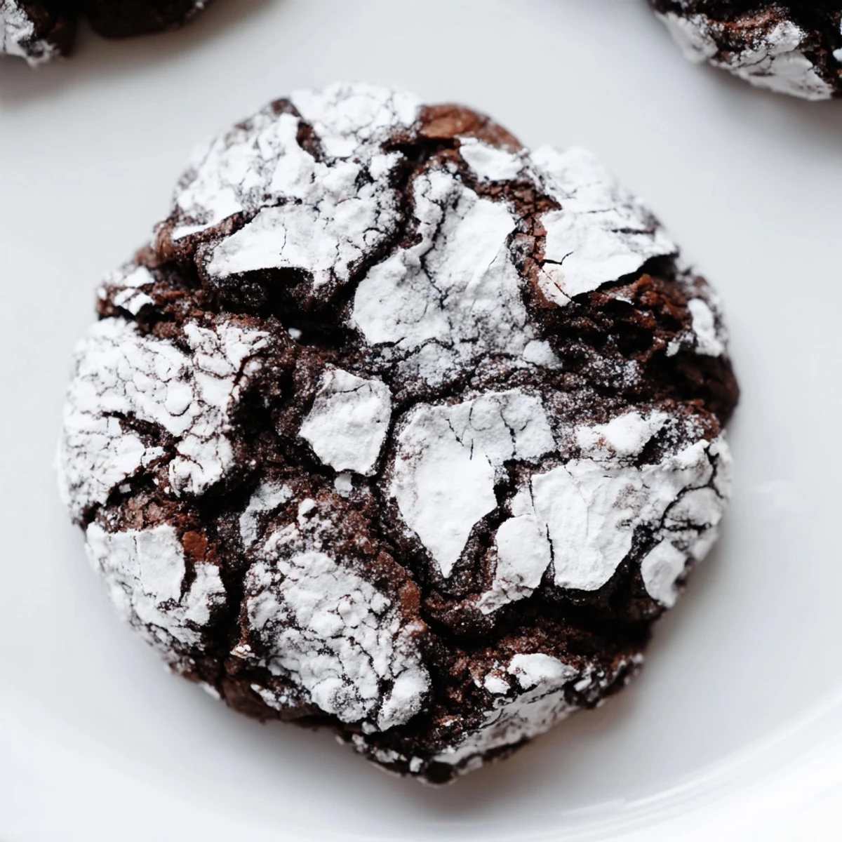 Cracked and snowy with powdered sugar, these Chocolate Crinkle Cookies showcase their rich fudgy texture on a rustic baking sheet.