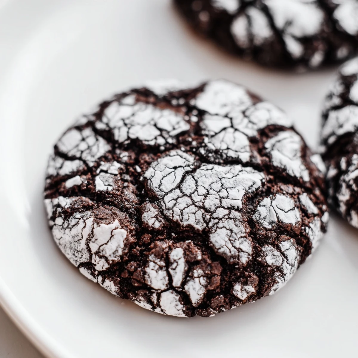 Freshly baked Chocolate Crinkle Cookies with crinkled tops, ready to serve on a plate next to a glass of milk.