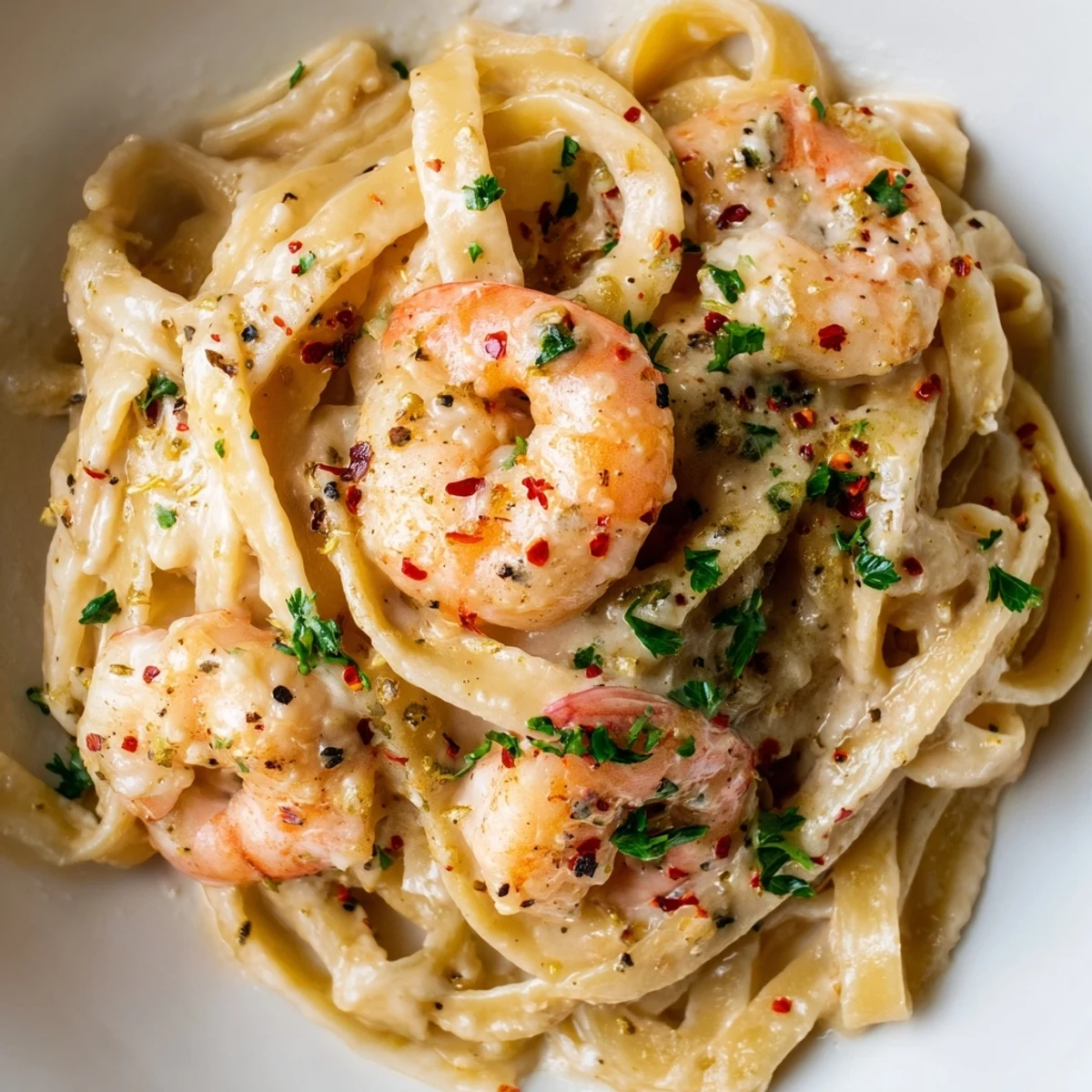 A skillet of Creamy Garlic Shrimp with Pasta features plump pink shrimp coated in garlicky sauce, perfect for a weeknight dinner.
