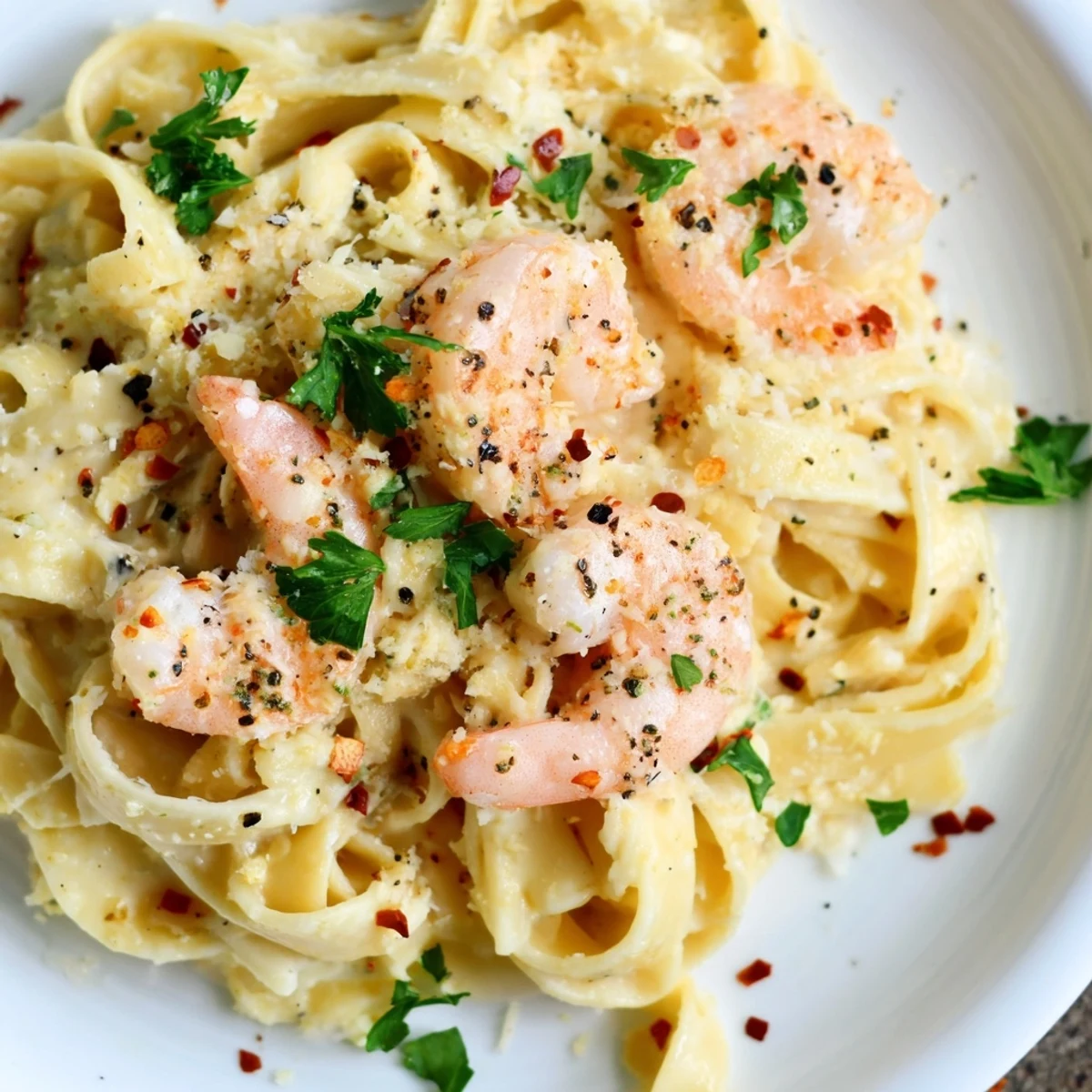 Close-up of Creamy Garlic Shrimp with Pasta in a white bowl, steam rising from silky noodles and a sprinkle of red pepper flakes.